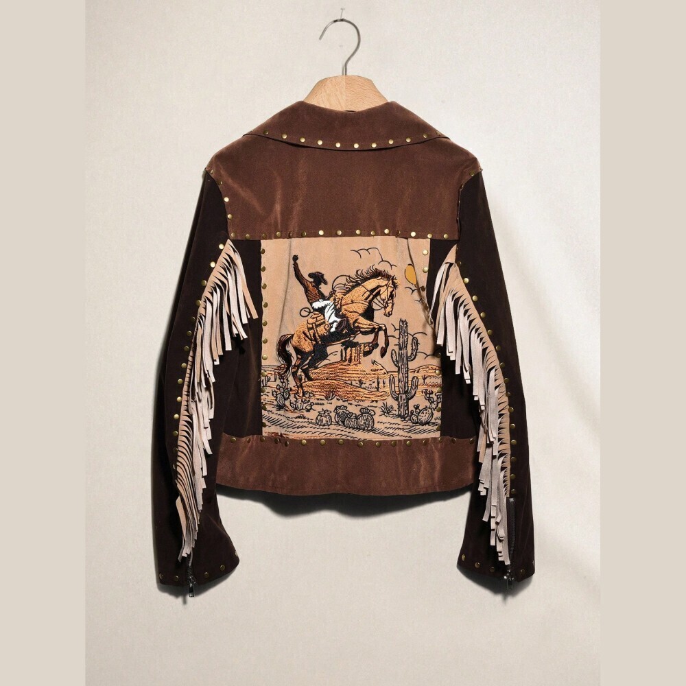 Brown Faux Suede Studded Fringe Sleeve Western Embroidered Collared Jacket